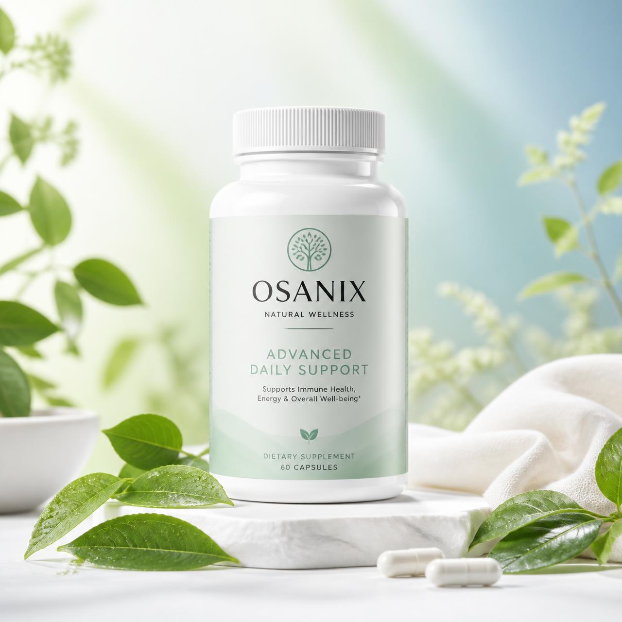Osanix Flasche mit Kapseln, frischen grünen Blättern und weichem Grün-Blau-Verlauf